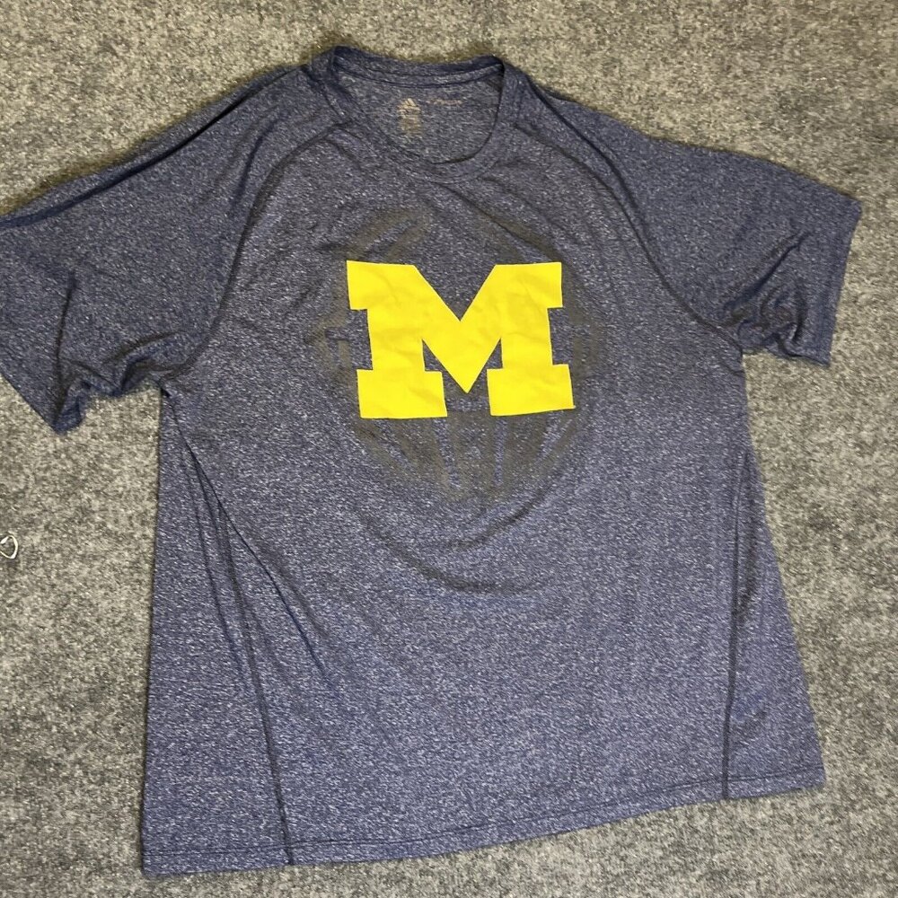 Michigan Wolverines T-Shirt Mens Large Climalite Blue BLOCK M Adidas